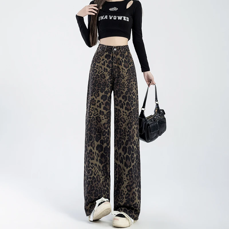 

2024 New Fashion Leopard Y2K Baggy Jeans Pants For Women Clothing Cheap Price Straight Wide Leg Long Trousers Lady Ropa De Mujer