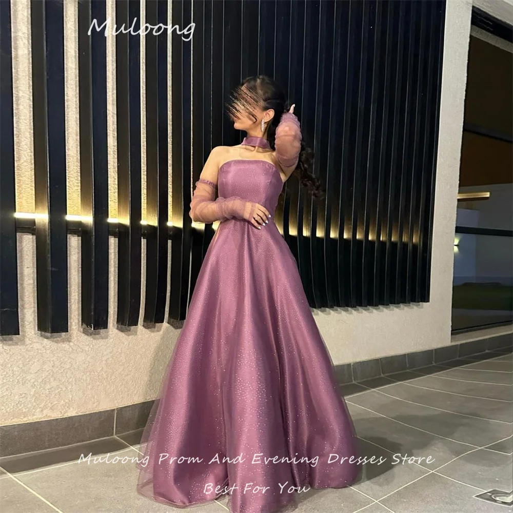 Muloong Purple Satin Evening Dresses With Gloves Elegant High Neck Prom Gowns Floor Length Formal Occasion Dress Vestidos