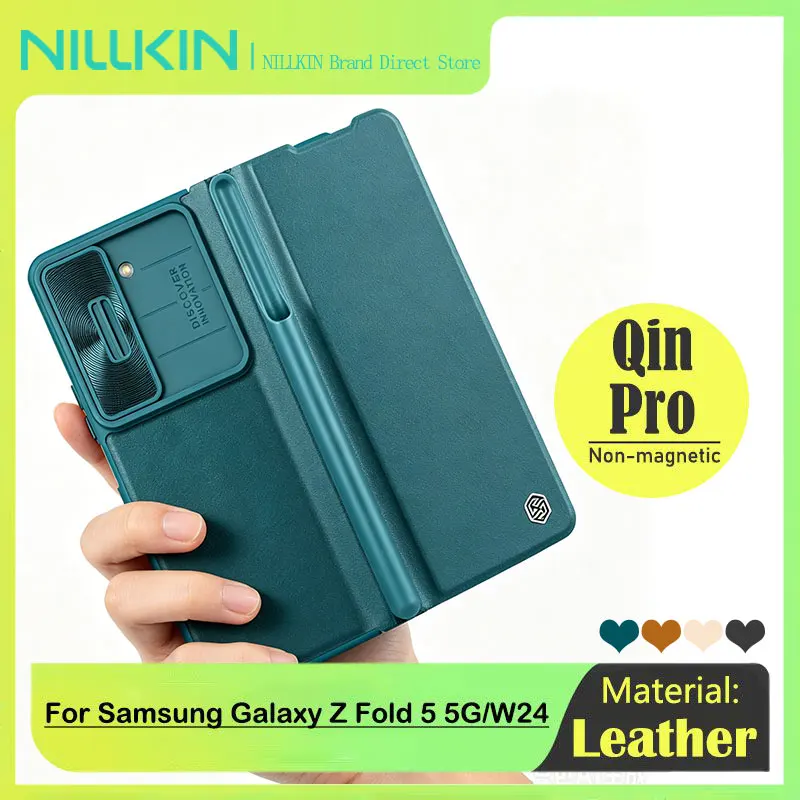 

NILLKIN Flip Leather Case for Samsung Galaxy Z Fold 5/W24, Kickstand Back Cover with S-Pen Pocket, Slide Camera Protection Case