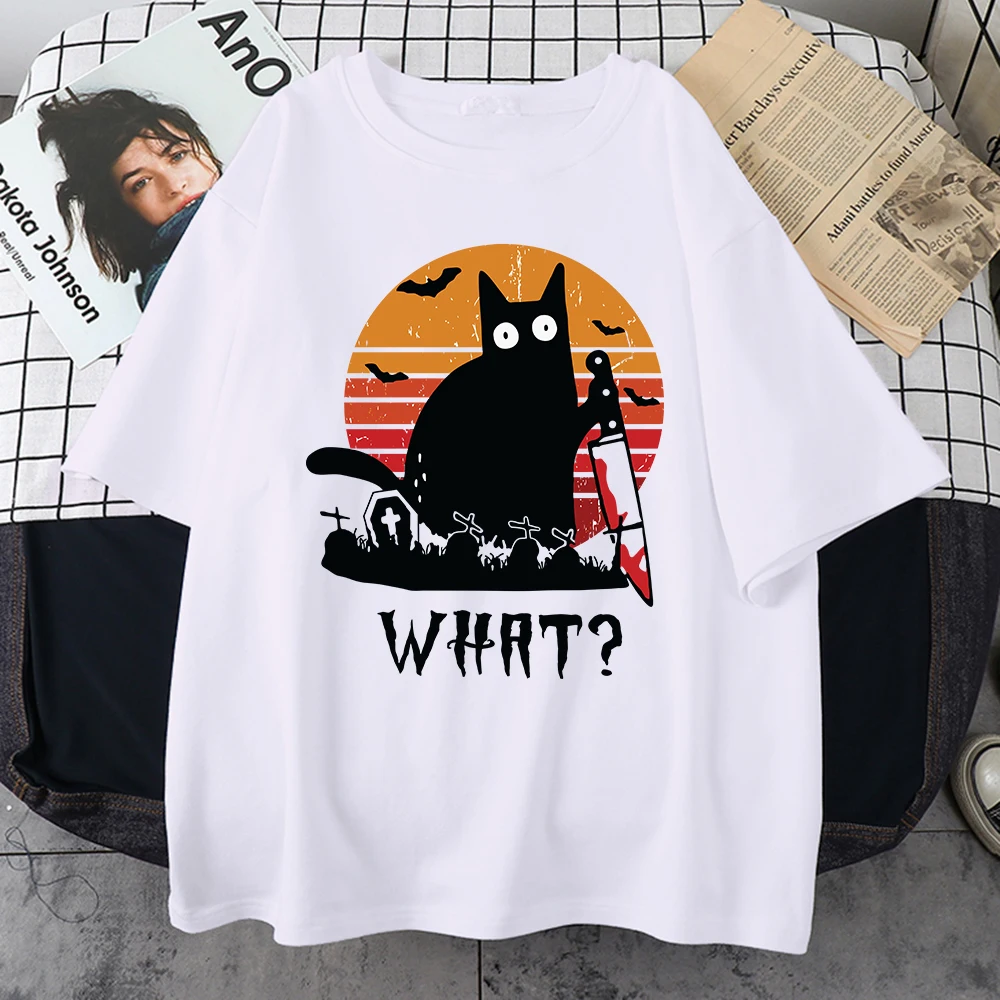 Black Knife Cat Funny WHAT Printed Tee Shirts Fashion Breathable Tshirts Oversized Soft Male T-Shirts Summer Loose Tshirt Mans