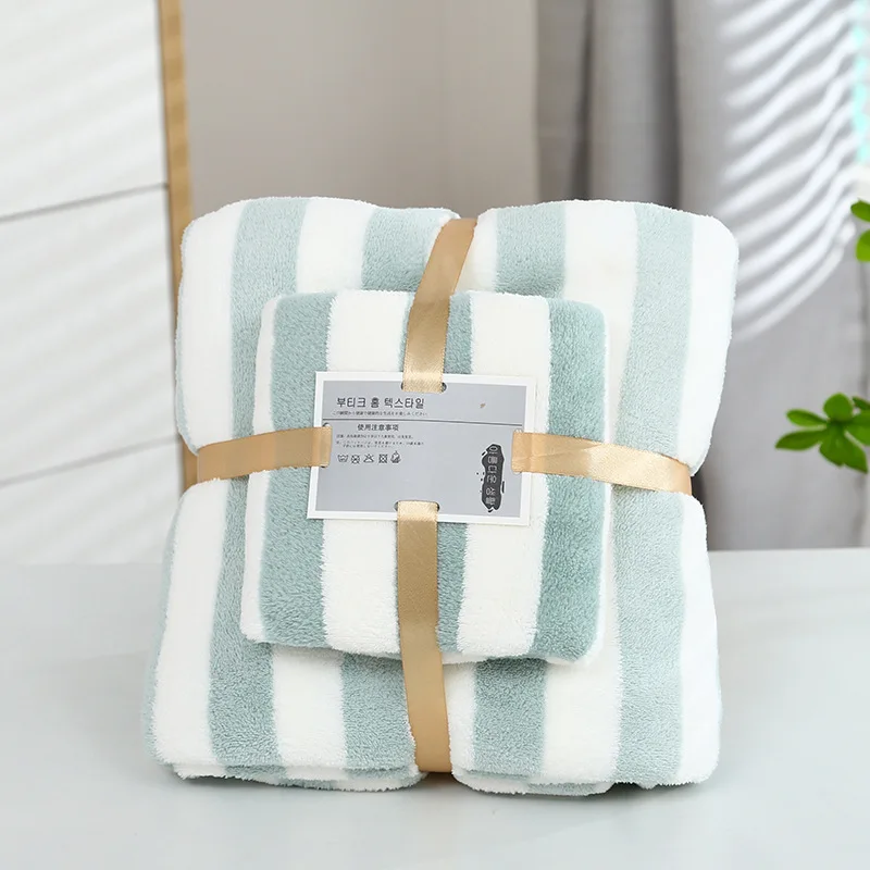 1 Set Striped Towel Bath Towel Household Coral Velvet Baby Bath Towel Soft Thickened Plush Children\'s Absorbent Bath Towel