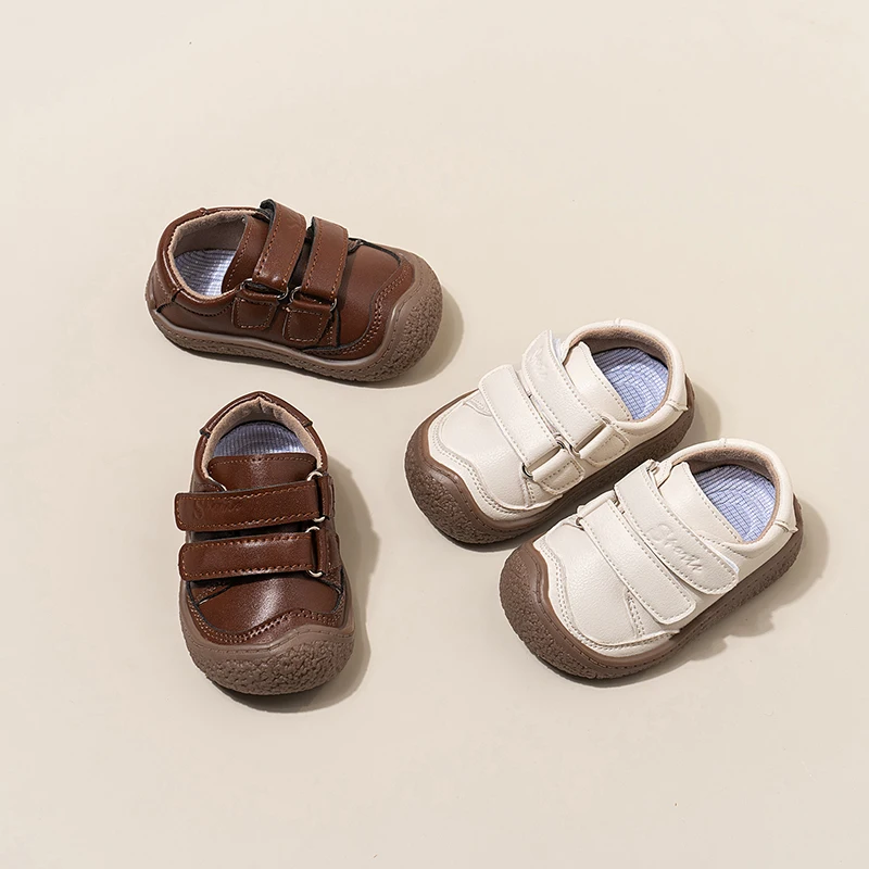 Boys Leather Sneakers Hook Loop Soft Sole Children Outdoor Casual Shoes Retro Style Baby First Walker Shoes Non Slip