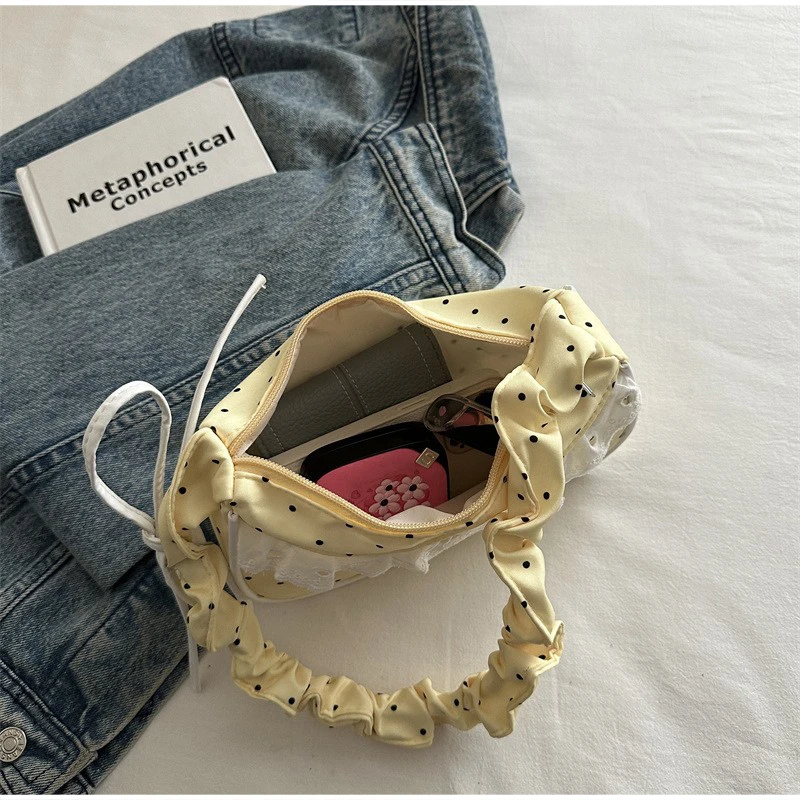 Gepunktete Spitzen-Rüschen-Unterarmtasche Süße Kleine Schultertasche mit Gerafftem Griff Hobo-Handtasche Damen Y2k Mini Quadratische Reißverschluss-Handtasche mit Schleife – Detail 1