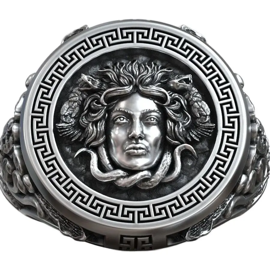 

18g Medusa Gorgona Snake Head Greek Antique Meander Pattern Signet Real Customized 925 Solid Sterling Silver Rings Many Sizes 7