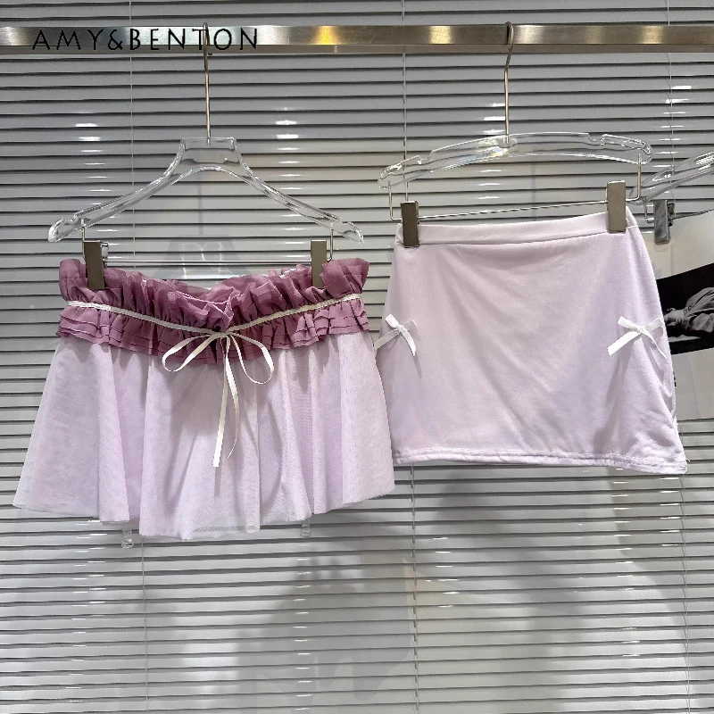 

2026 Summer New Lavender Hot Girl Pleated Butterfly Edge Women's Tube Top French Design Sweet Cool Cute Bow Skirts Suits Ladies