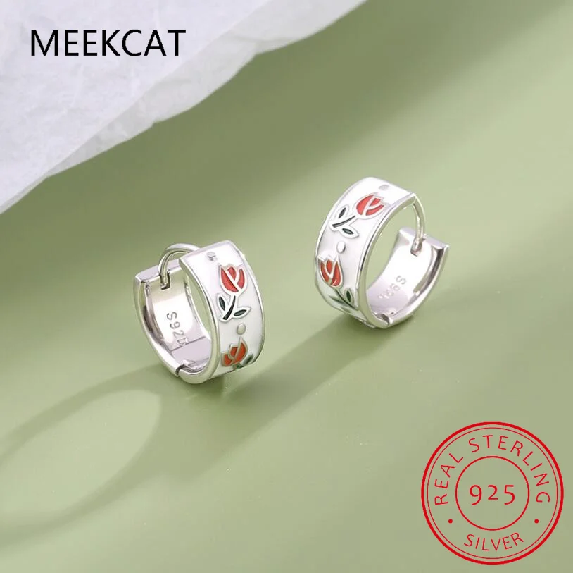 Real 925 Sterling Silver Enamel Tulips Hoop Earrings For Women Party Classic Fine Jewelry Minimalist Accessories EY5233