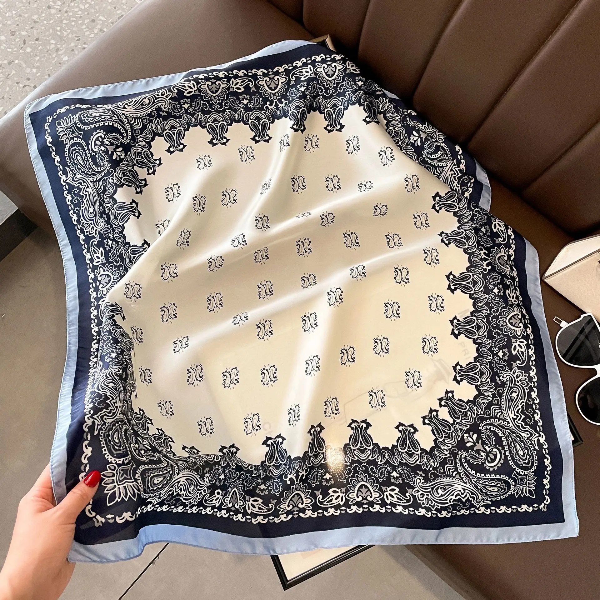 UXST Korean Version New 70cm Navy Blue Silk Scarf, Versatile Commuting Satin Multi-functional Small Square Scarf for Women