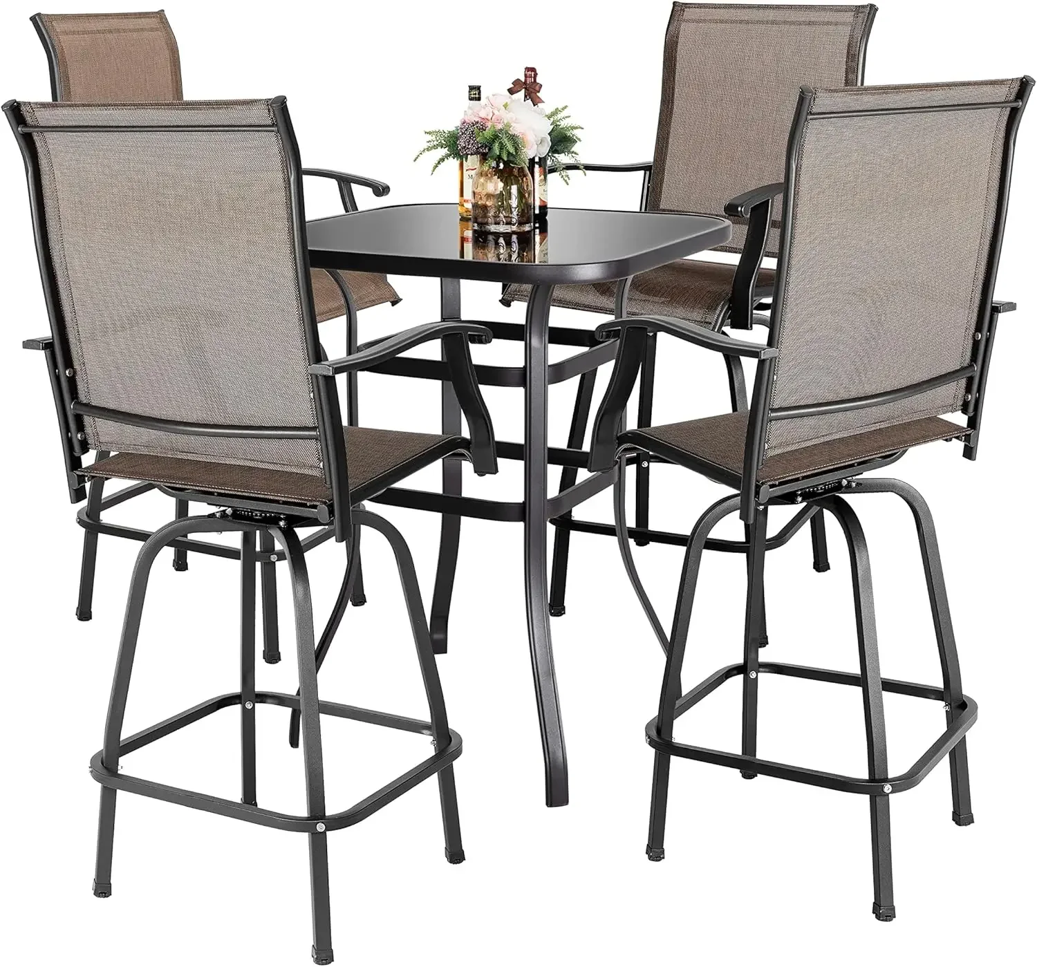 5 Piece Patio Bar Set with Square Silk Screen Bar Height Glass Table and 4 Counter Textilene Height Swivel Chairs for Patio