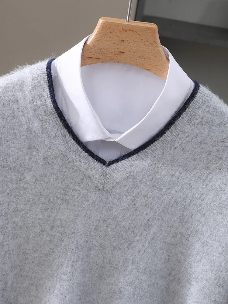 

100% mink fur men's V-neck color blocked pullover sweater, autumn and winter thick casual fashion knitted long hair sweater