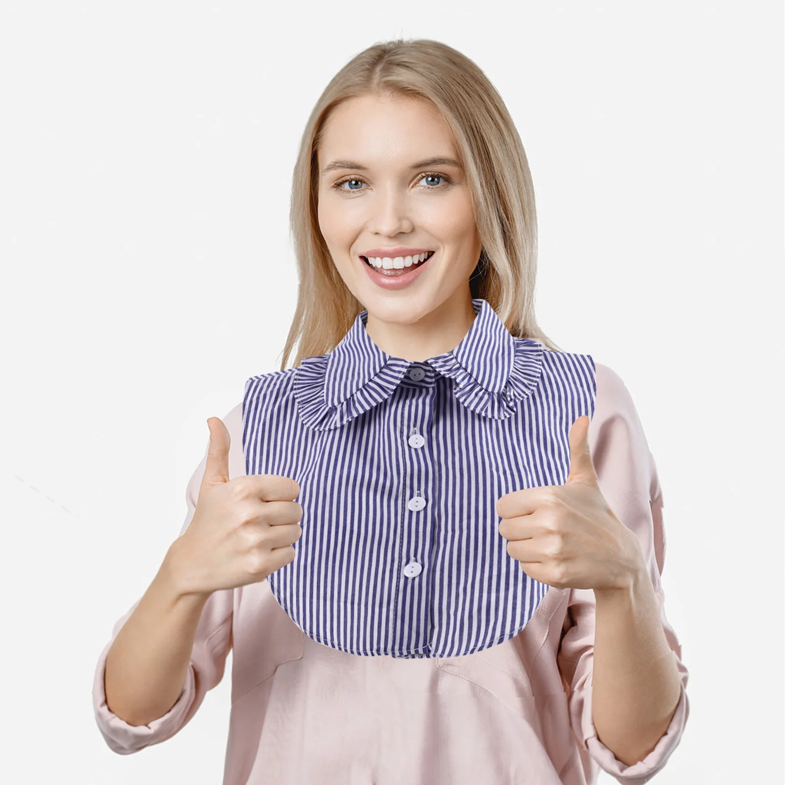 Blue Striped Detachable Faux Collar Ruffled Edge Elegant Women Dickey Half Blouse for Formal Business Outfits Shirt Accessory