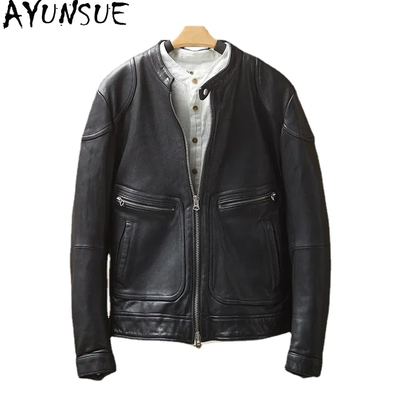 

AYUNSUE Men's Sheepskin Coat Genuine Leather Jacket Men Spring Autumn Short Motorcycle Biker Jacket Fashion MG9-k9115 KJ4427