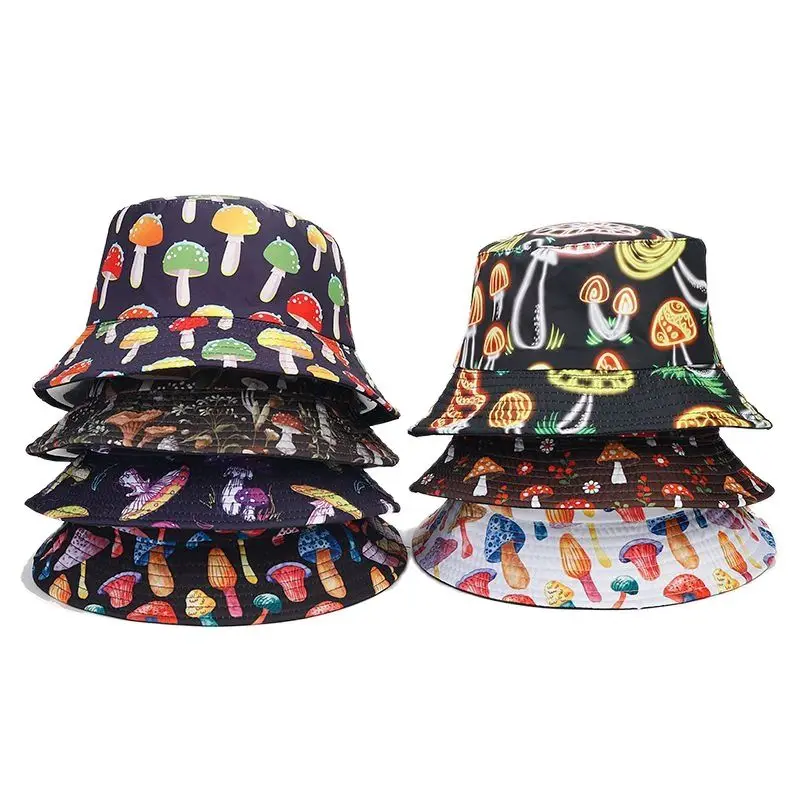 Four Seasons Cotton Cartoon Mushroom Print Bucket Hat Fisherman Hat Outdoor Travel Sun Cap for Men and Women 184