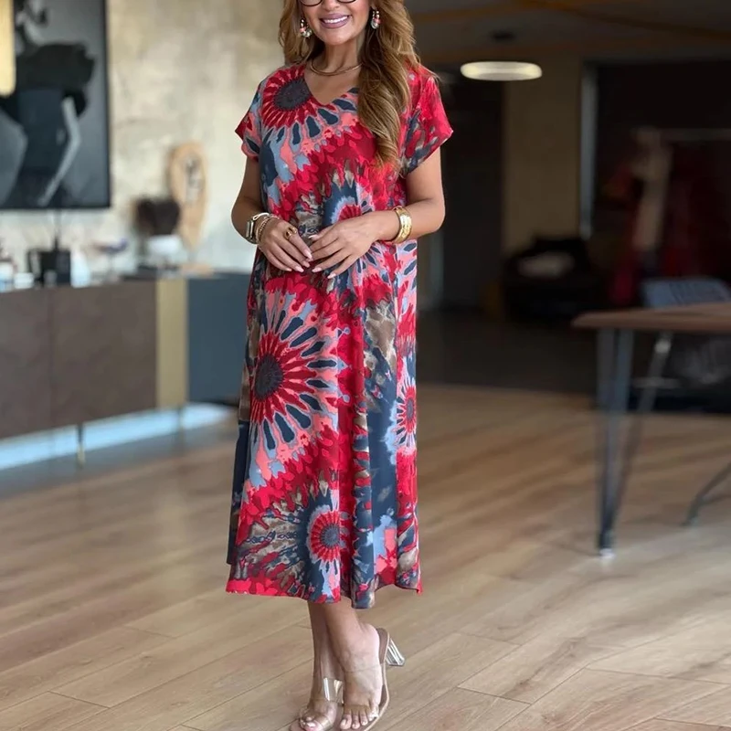 Elegantes Damenkleid, Boho, V-Ausschnitt, kurze Ärmel, lockere Vintage-Kleider, Damen, lässig, Strandparty, Midikleid