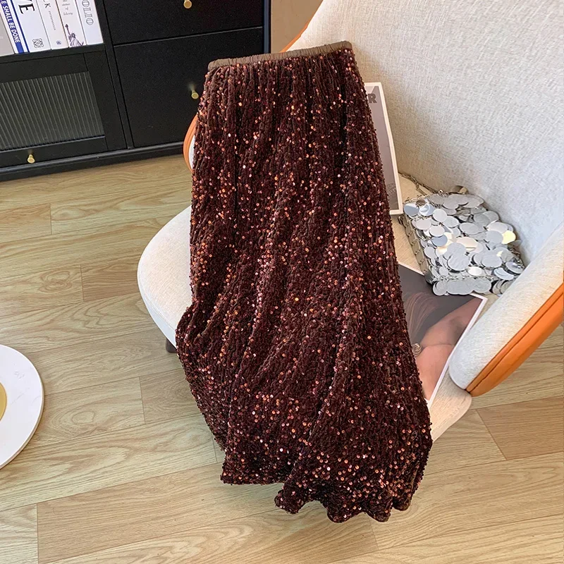 Shinny Red Velvet Sequined Long Skirt Office Ladies Autumn Temperament Women's High Waist A Line One Piece Hip Wrap Long Skirts