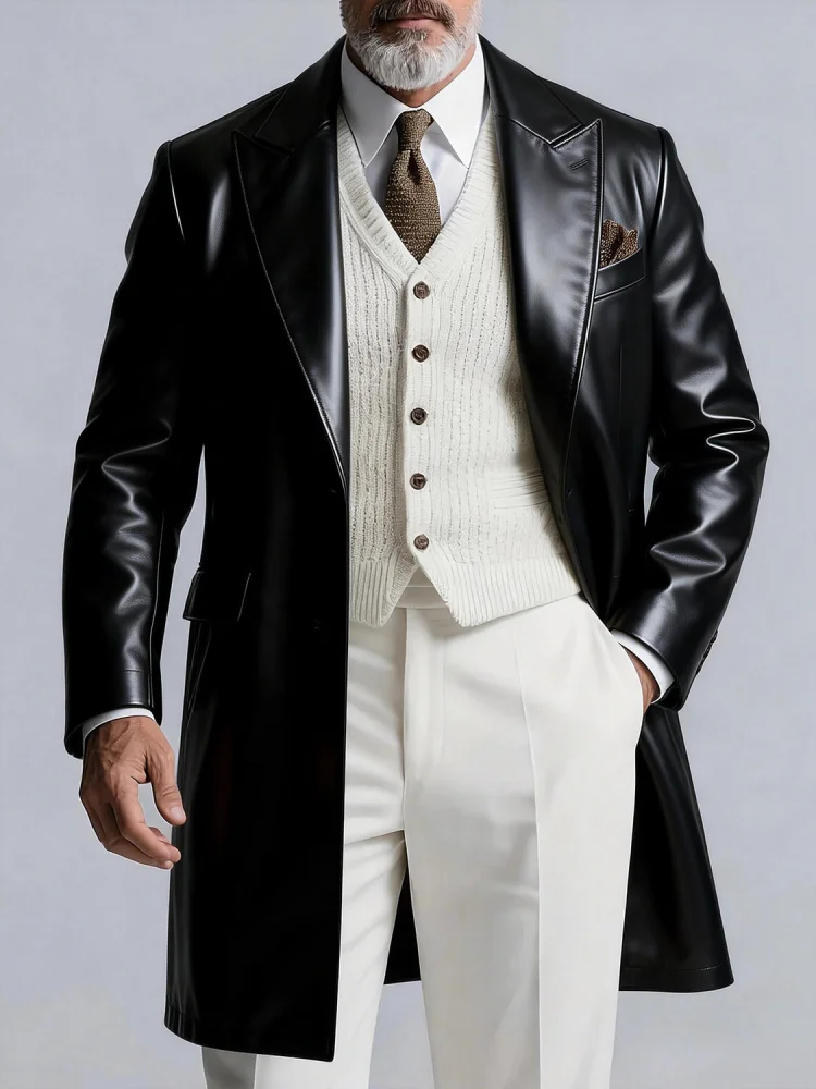 Mens PU Leather Notch Lapel Open Front Mid Long Overcoat Slim Fit Business Trench Coat Men Fashion Outerwear