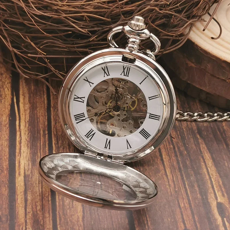 Luxury Silver Pocket Watches Mechanical for Men Women Roman Numerals Vintage Mechanical Gift Reloj Hombre Fob Chain Watches