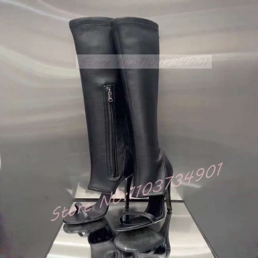 

Open Toe Knee High Stiletto Sandal Boots Women Slim Black Leather Side Zipper High Heels Boots Female Party & Fashion Footwear