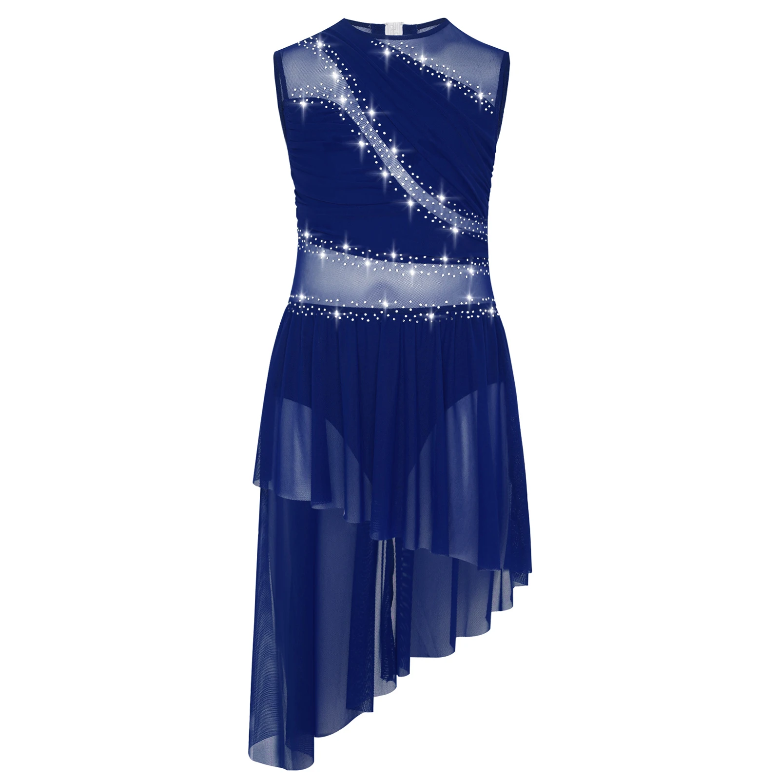 

Kids Girls Lyrical Dance Mesh Dress Sleeveless Open Back Modern with Asymmetrical Hem for Modern Figure Skating Stage Costume