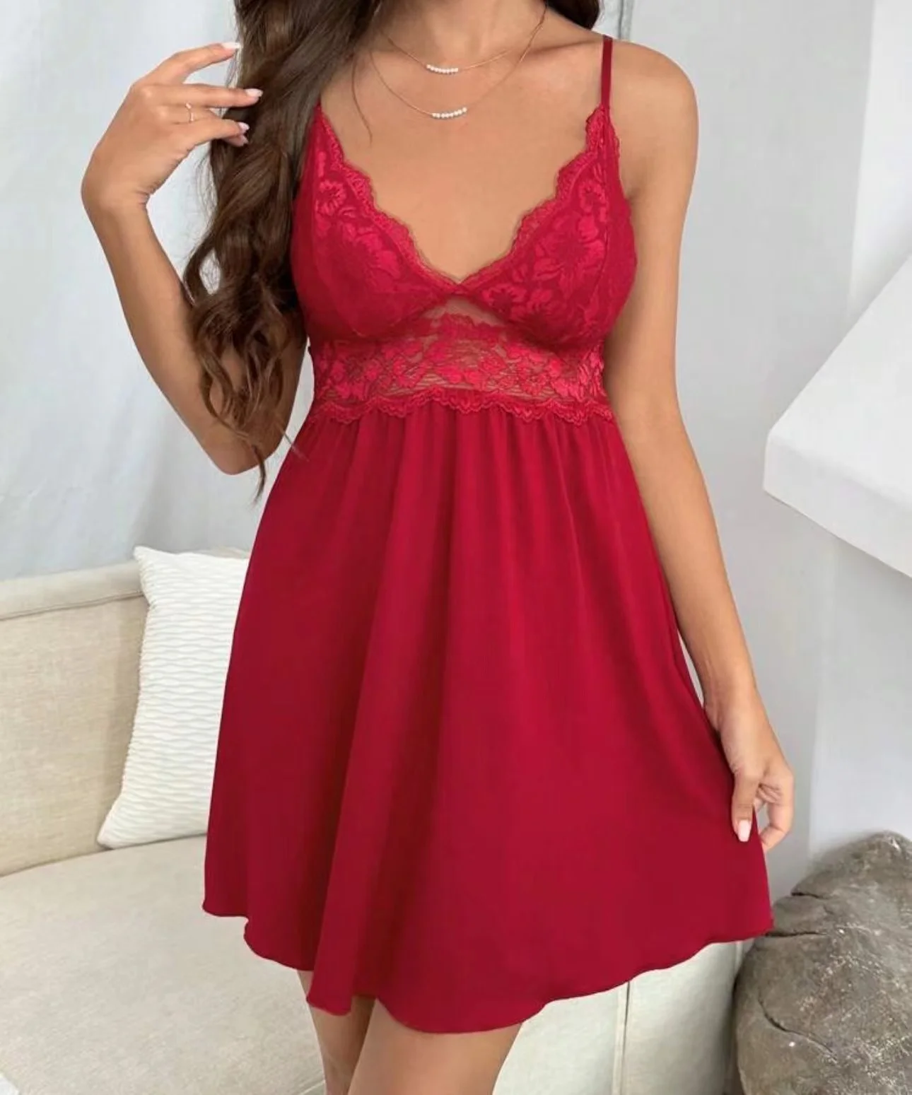 

Sexy Red Lace Nightgown Women Deep V Neck Satin Sleepwear Sheer Mesh Babydoll Lingerie Valentines Day Gift Romantic Elegant Erot