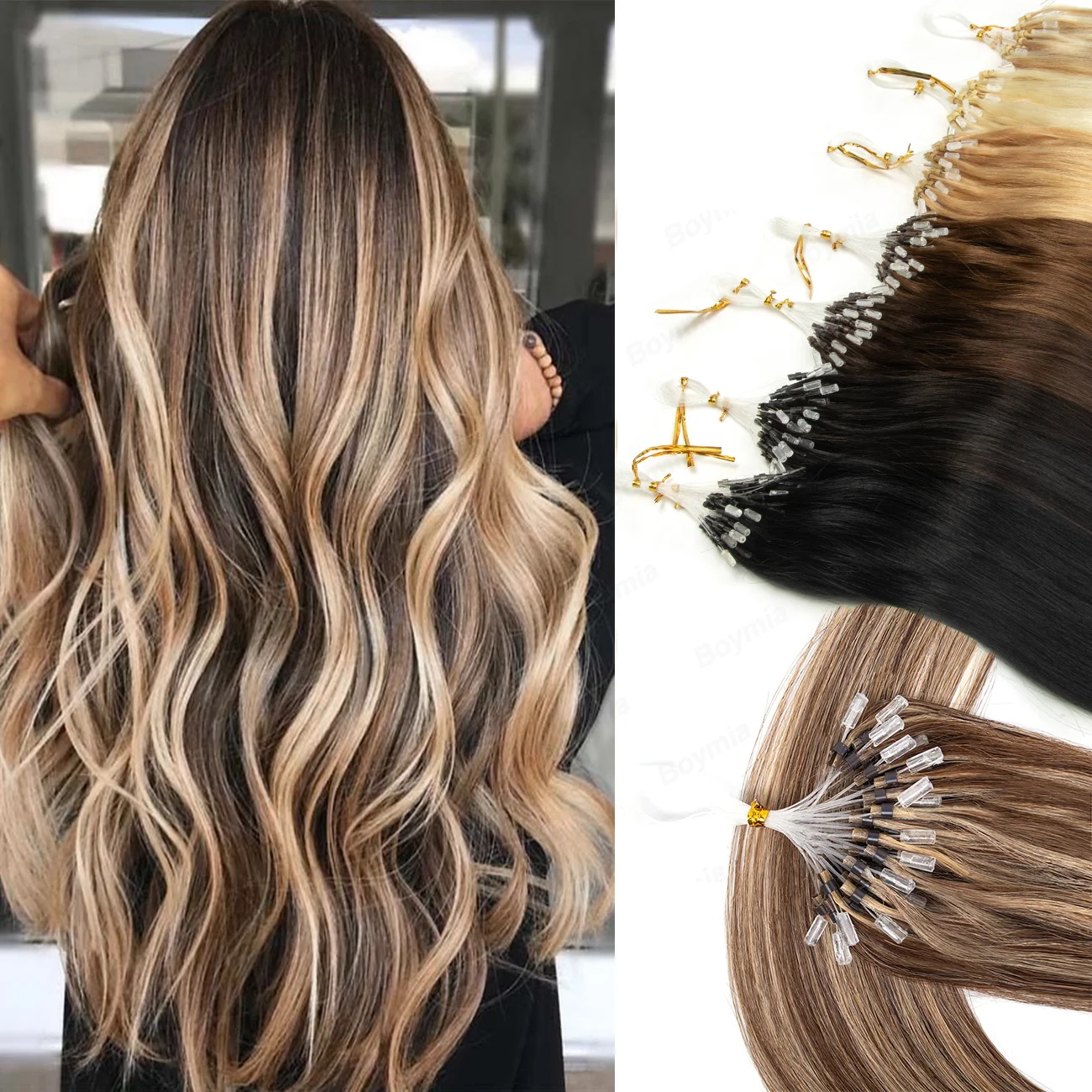 Extensiones de Cabello con Micro Anillas, Cabello Humano Suave con Pegamento de Queratina, Línea de Micro Anillas, Cabello Natural Liso, Piezas de Cabello con Micro Enlace