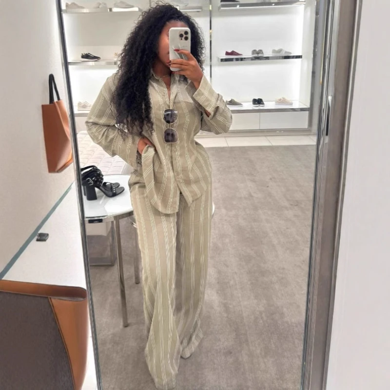 

Модный африканский модный повседневный женский комплект из двух предметов, свободная рубашка с длинными рукавами и широкие брюки с принтом в полоску