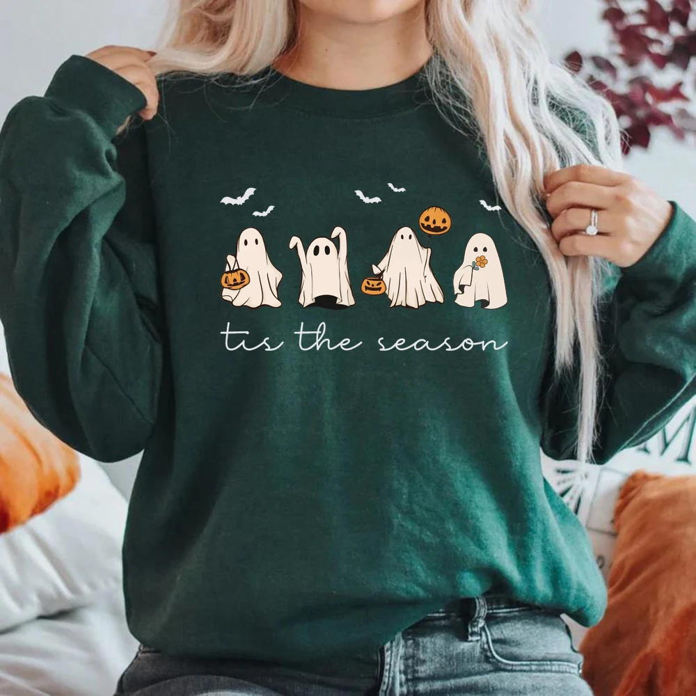 Tis The Season Halloween Sweatshirt Retro Ghost Hoodies Women's Halloween Sweatshirt Long Sleeve Pumpkin Season Pullovers Hoodie