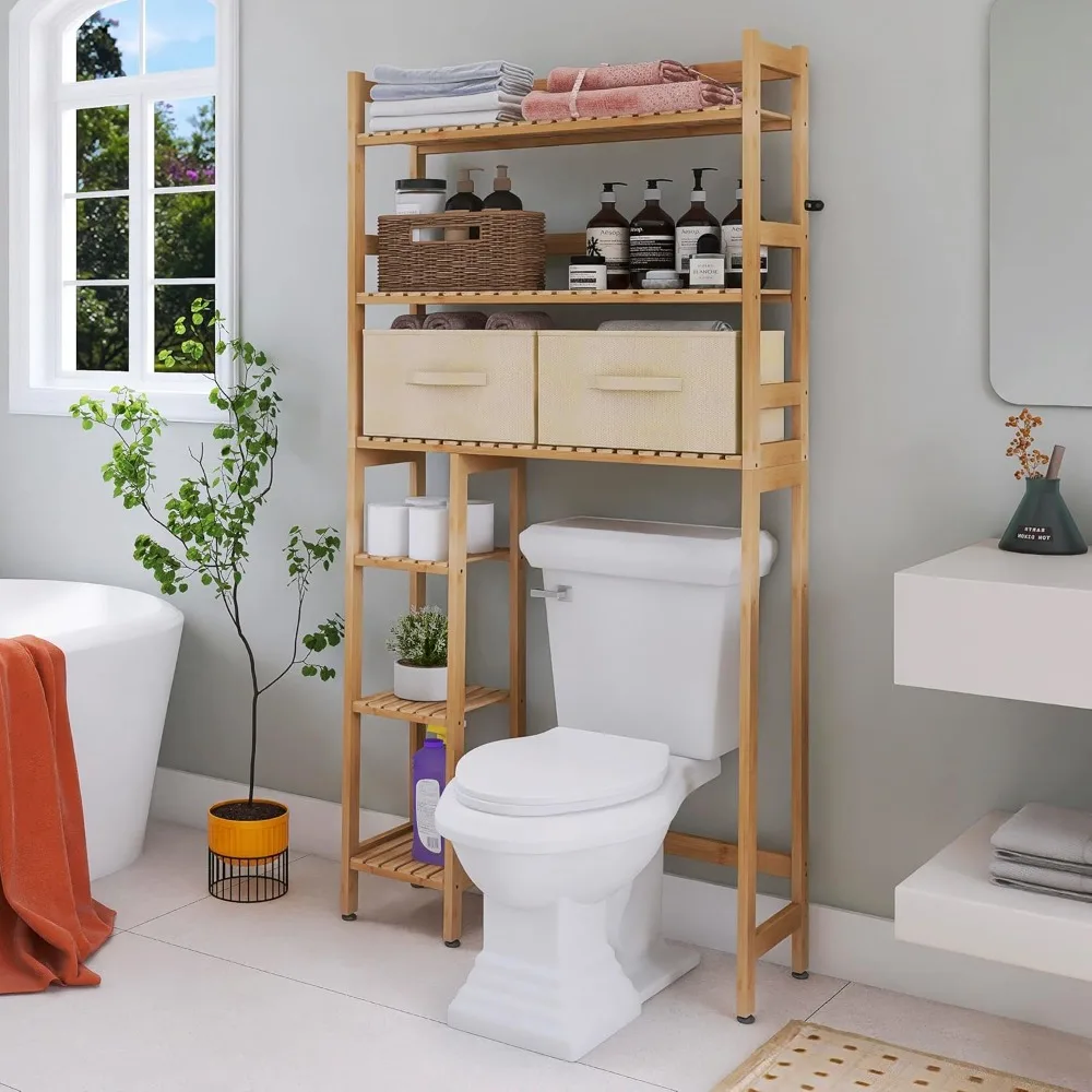 

Over The Toilet Storage, Bamboo 6-Tier Bathroom Storage Shelf with Drawers, Freestanding Above Toilet Organizer Rack,