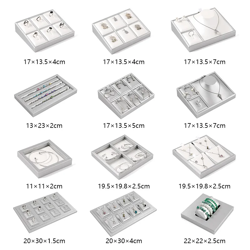 

Grey-edged White PU Brushed Silk Luxury Jewelry Tray Earrings Display Stand Ring Pendant Bracelet Display Plate Display Props
