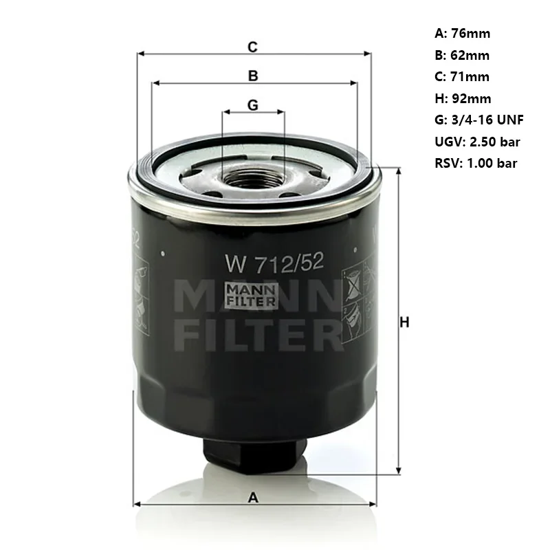 MANNFILTER W712/52 Oil Filter Fits VW Caddy II (9K9 9U7) Golf IV (1J1 1J5) 030115561AN