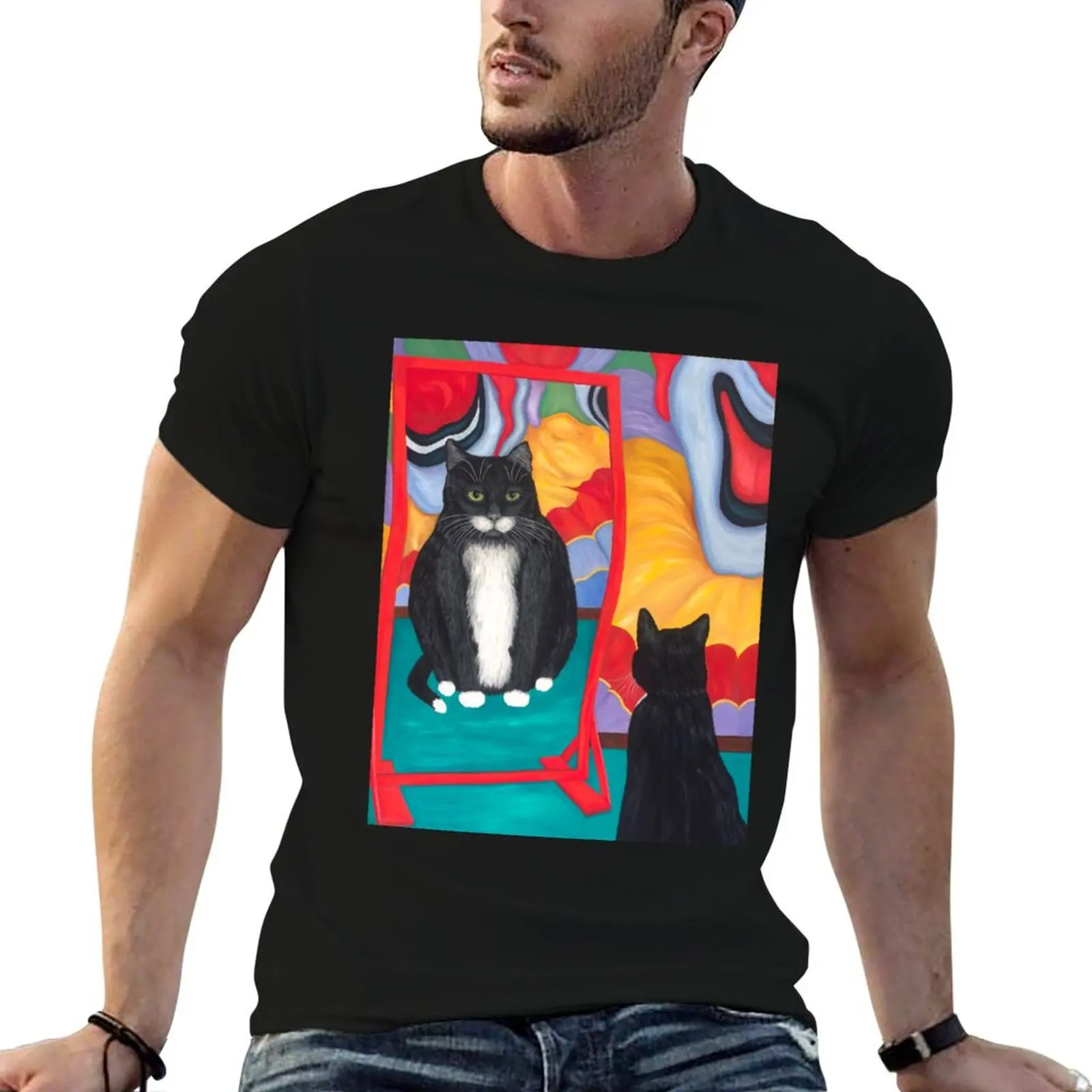

Fat Tuxedo Cat in Funhouse Mirror T-Shirt funny t shirts cotton man t shirt heavy cotton man t shirts graphic T-Shirt