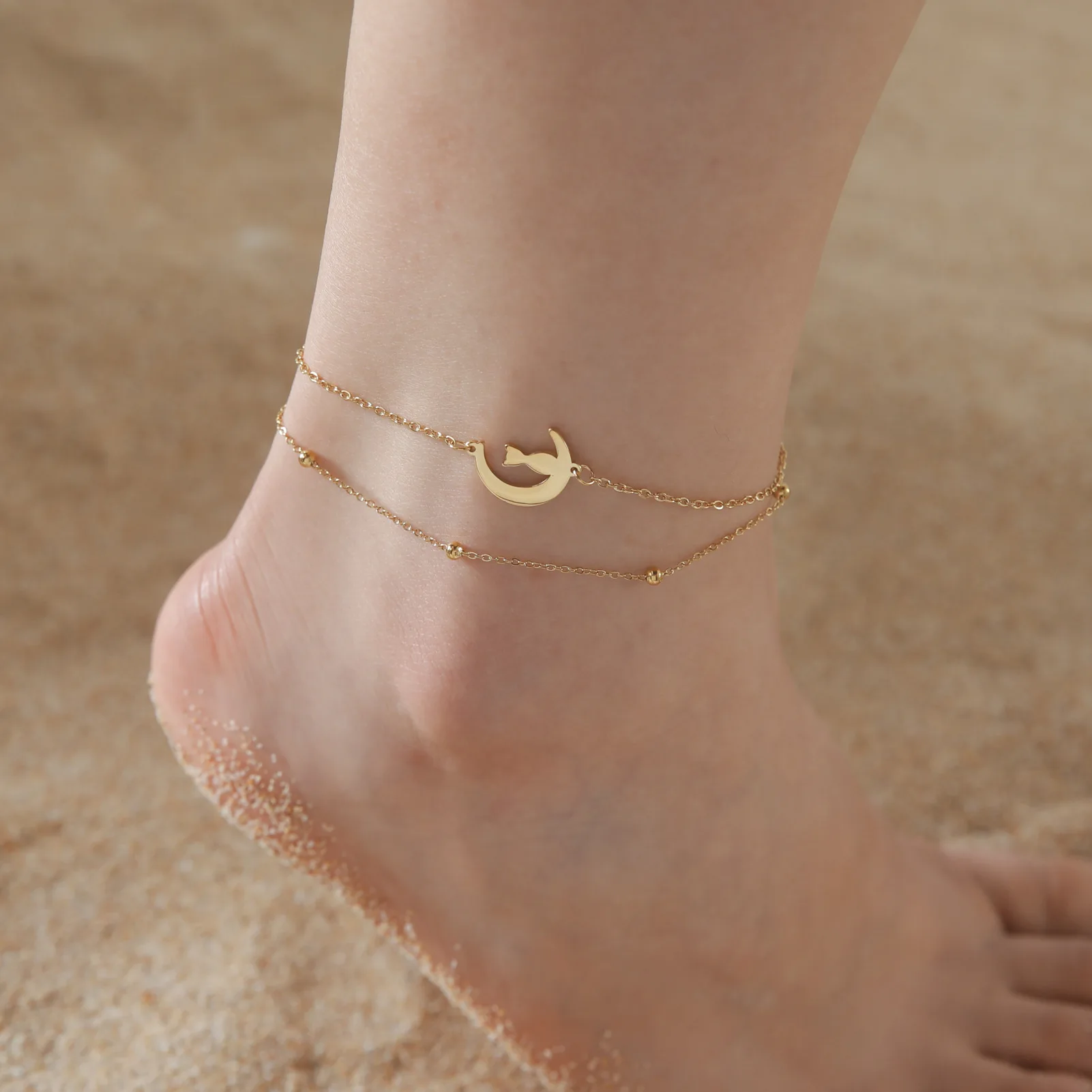 HIPEE Cute Animal Pendant Anklets For Women Moonlit Squatting Cat Anklet Double Layer Bead Chain Feet Chain Summer Beach Jewelry