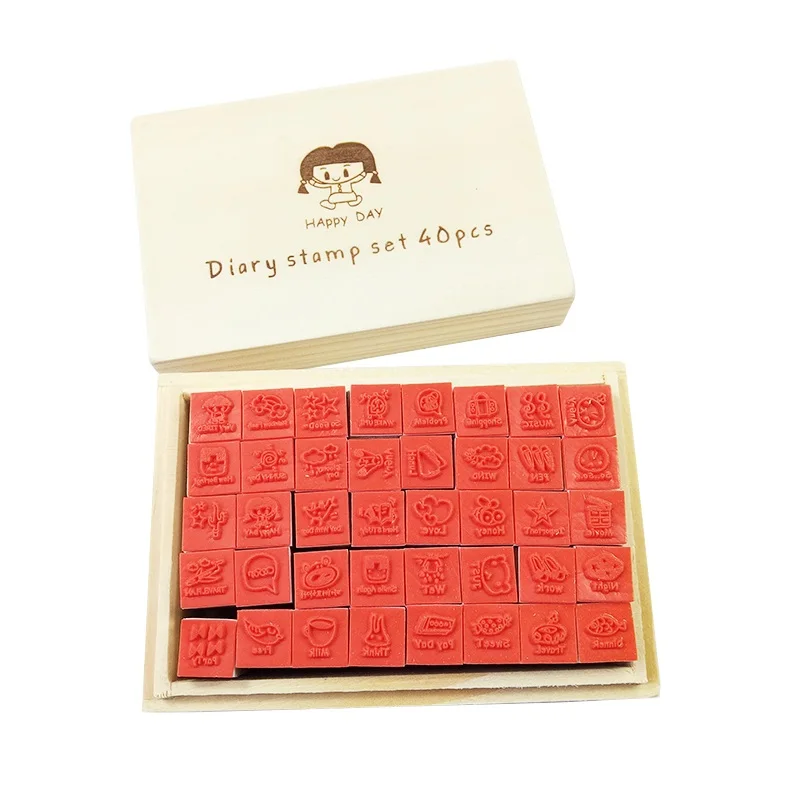 40 Pcs/set Lovely Diary Pattern Wooden Box Stamp Rubber Clear Stamps Cute DIY Writing Stamps For Scrapbooking Gift