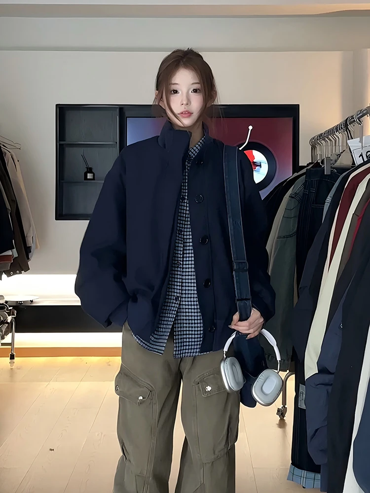 

Cleanfit American Retro Blue Jaet Men's Spring Autumn Baseball Sle Padded oulder ort Flight Coat Youth Trendy Outerwear