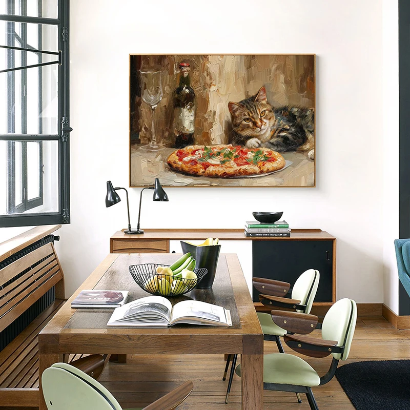 Ginger Cat Eat Hamburger Pizza Pasta Poster Print White Cat Lying Piano Keys Food Canvas Painting Print Wall Art Kitchen Decor