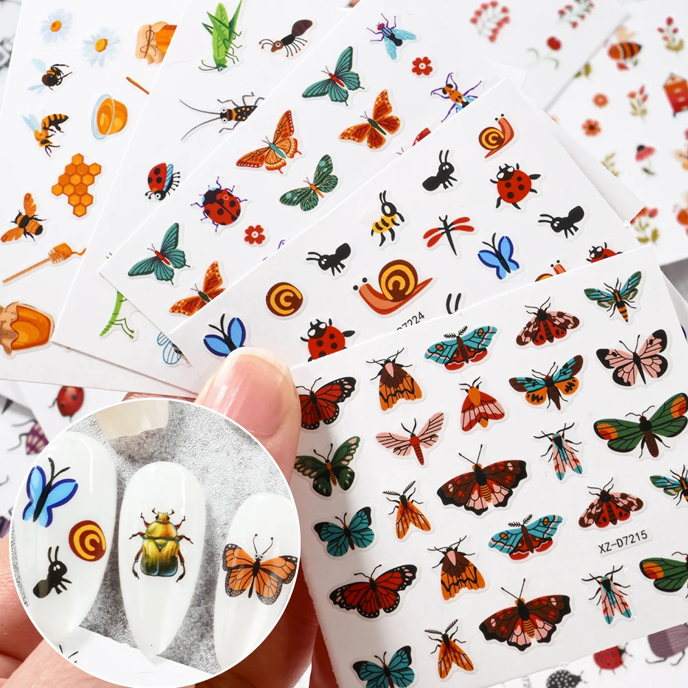 30 pçs/lote bonito abelha joaninha formiga arte do prego adesivos auto-adesivo decalques de unhas flores borboleta insetos projetos manicure decorações