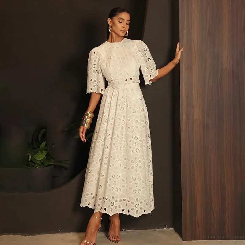 Spring Pattern Hollow Out Bust Skirt Suit Women Half Sleeved Top+high Waist Loose Knee Length Skirt Autumn Female Two Piece Set