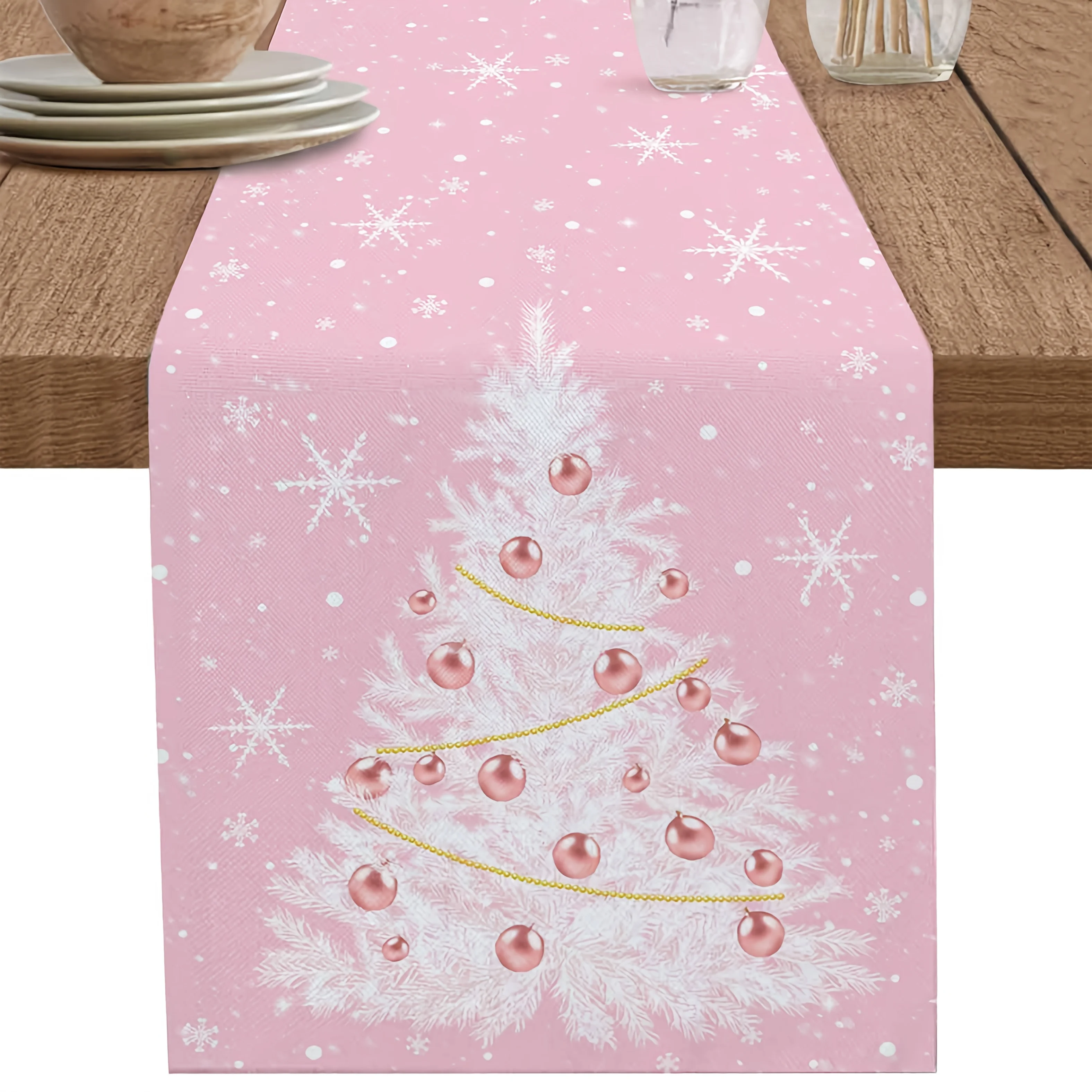 1pc Dokriy Christmas Ball White Christmas Tree Snow Pink Table Runner for Kitchen Table Decoration Indoor  Family Party Holiday