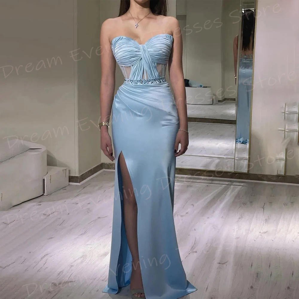 2025 Elegant Blue Mermaid Women\'s Evening Dresses Strapless Sleeveless Customized Prom Gowns Modern Side Split Vestido De Noche