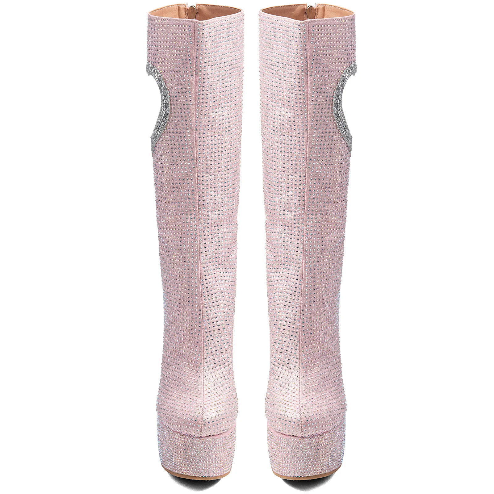 Pink Rhinestone Platform Knee-High Boots Heart Cutout Glitter Chunky Block Heel Side Zipper Women Round Toe Party Club Boots - view 5