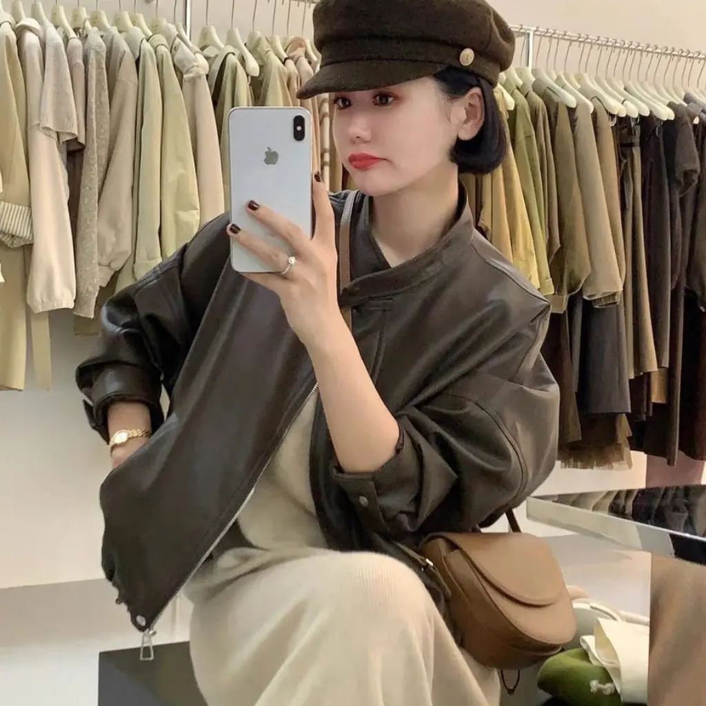 

Women's Brown Leather Jacket Hong Kong Style Short Motorcycle Retro Fashion American Style for This Year