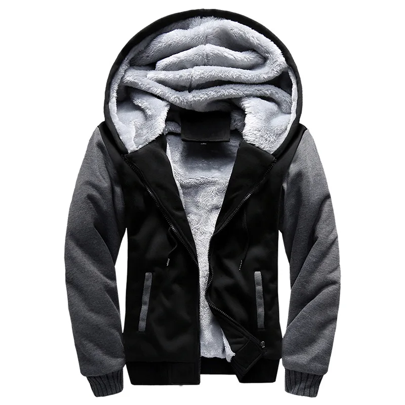 Sweater Plush Solid Color Thick Zipper Winter New Sports Europe and America Men's Cardigan Color Matching Hooded Coat Men