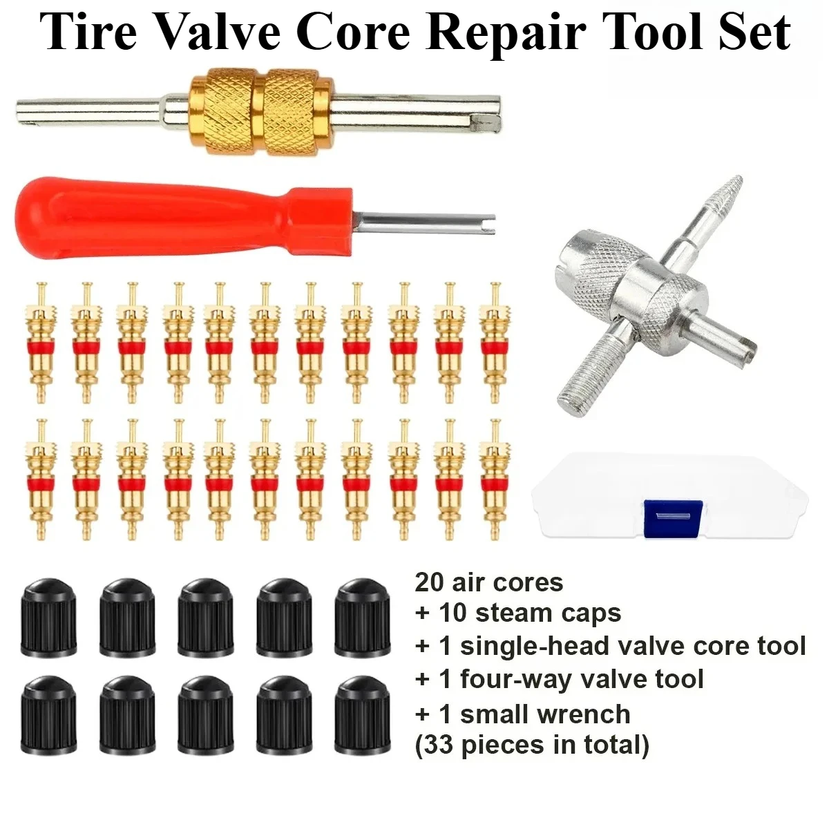 AliExpress NONE 33PCS Tire Valve Core Repair Kit with Valve Cores Stem Caps Remover Parts for Car Motorcycle Bicycle Tire Accessories Set