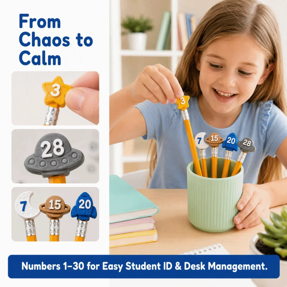 30Pcs Non-Slip Numbered Pencil Toppers Cartoon Reusable Number Pencil Caps Compact Durable Pencil Tracking Markers Students