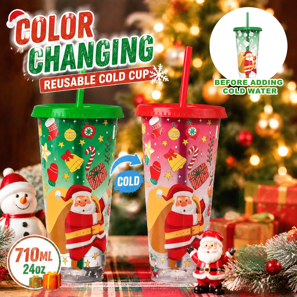 Christmas Color Changing Tumbler Cup Large Capacity Cold‑Sensitive Magic Drinking Cup with Straw Lid Santa Pattern Xmas Gift