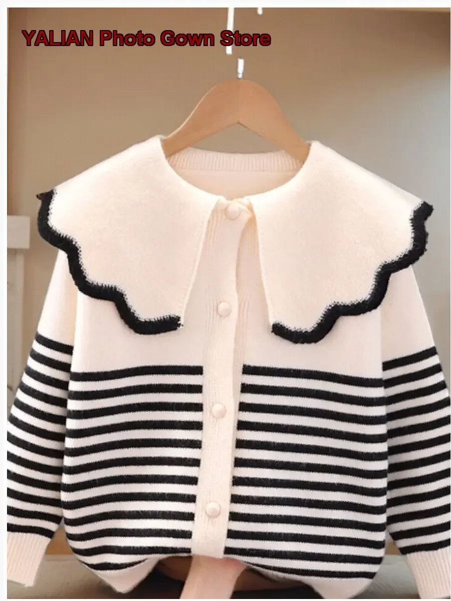 Girls Striped Spring Autumn Knit Shirt Older Kids College Style Outerwear