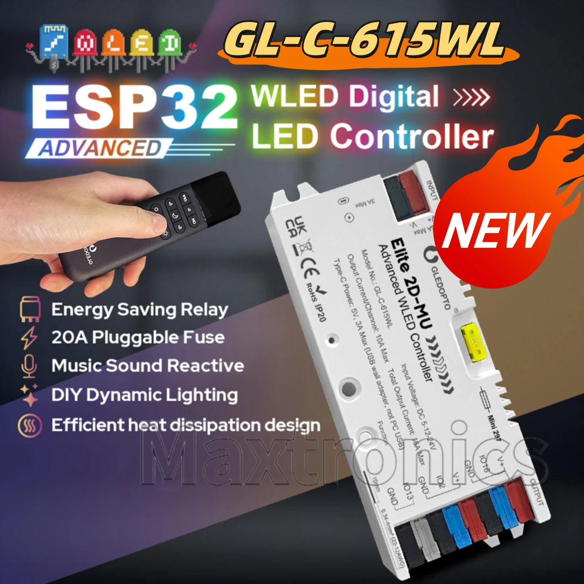 GLEDOPTO Elite ESP32 WLED Controller 20A Fuse Dynamic Sound Reactive Energy Save Relay for WS2811 WS2812 SK6812 RGBIC led Strip