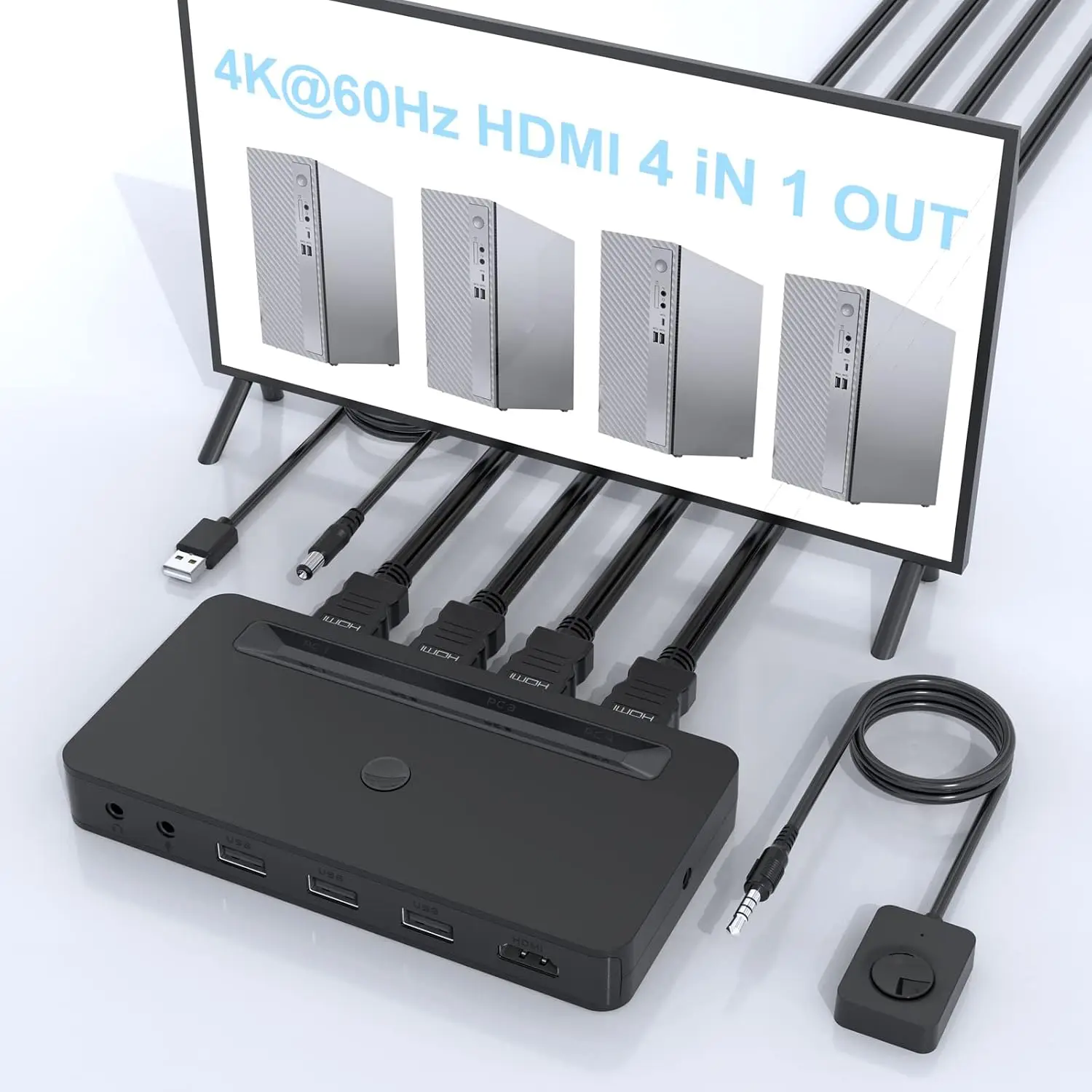 4K HDMI KVM Switch 4 Ports for 4 Computers Monitor, 3 USB Devices Printer,3.5mm Headphone Jack, Including 4 HDMI Cable