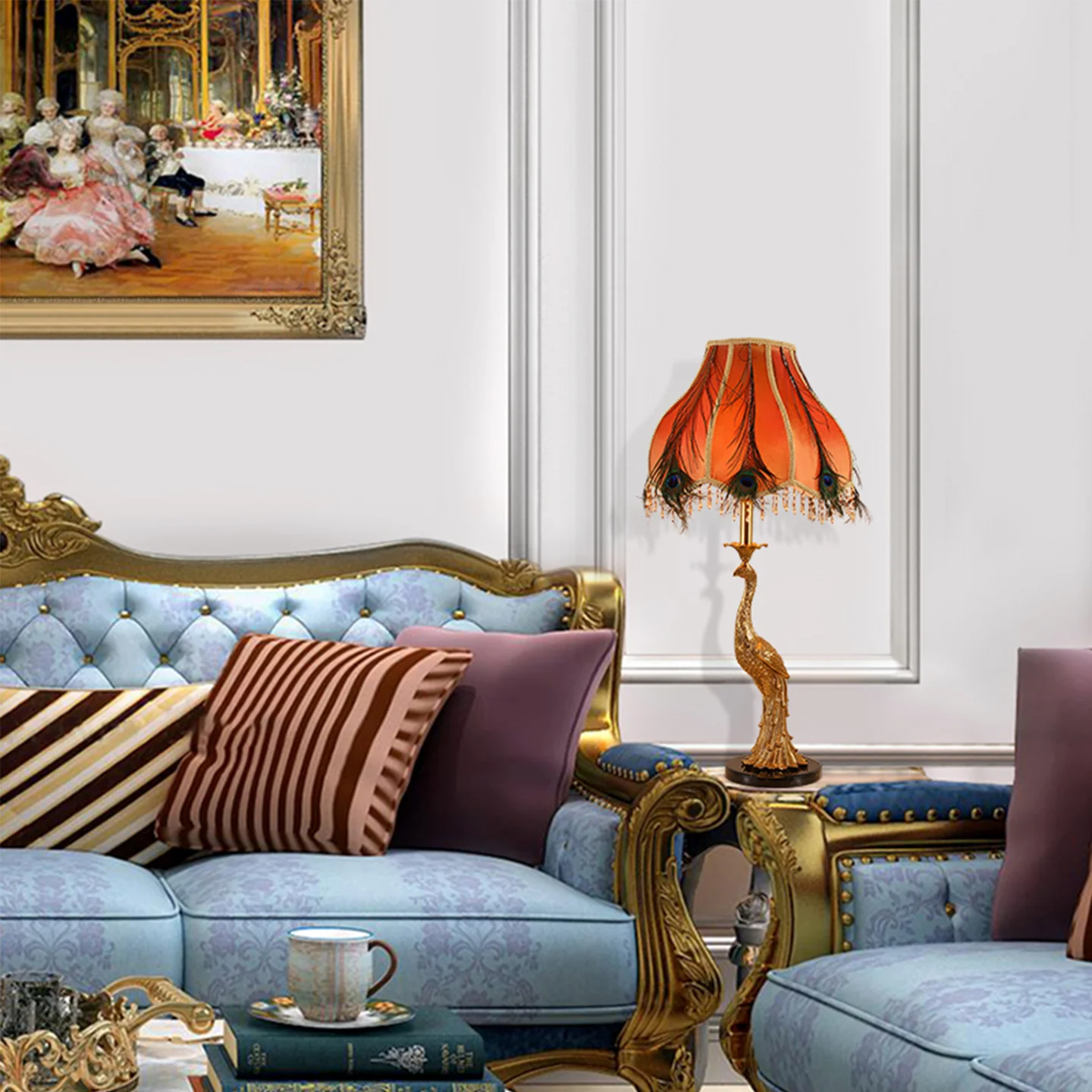 European Living Room Bedroom Bedside Classic Fancy Fabric Table Lamp Dining Room Study Brass Peacock Desk Light