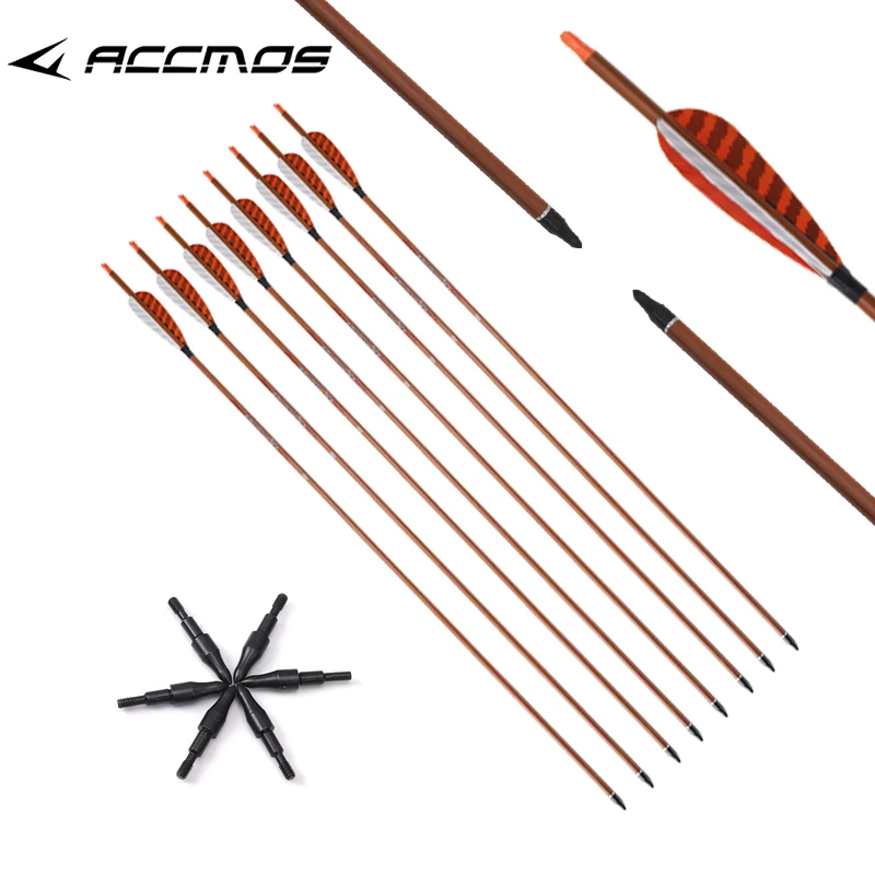 6/12pcs 6.2mm Carbon Arrows with Wooden Skin Spine 350 400 500 600 700 32in Shaft 4'' Natural Feathers 125 Grains Tips