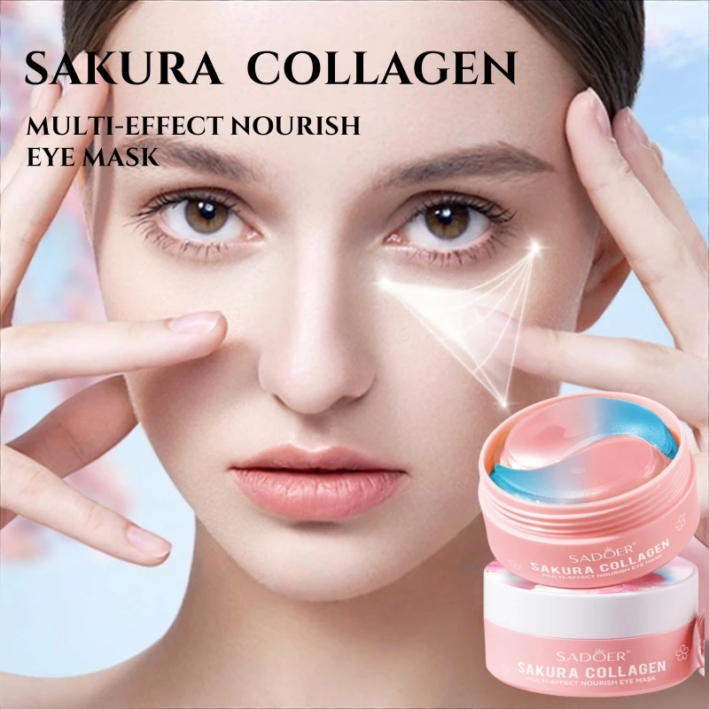 Mascarilla para ojos nutritiva multiefecto de colágeno Sakura de 60 piezas, que puede hidrata eficazmente, reafirma y ilumina la zona beige alrededor de los ojos, establece una barrera beige clara y hace que el beige claro es más brillante y tiene una elasticidad. Ojos secos profundamente hidratantes y nutritivos, color beige claro, hidratantes y reafirmantes, piel suave y suave alrededor de los ojos. Hipoalergénico sin alcohol, adecuado para todo tipo de color de piel.
